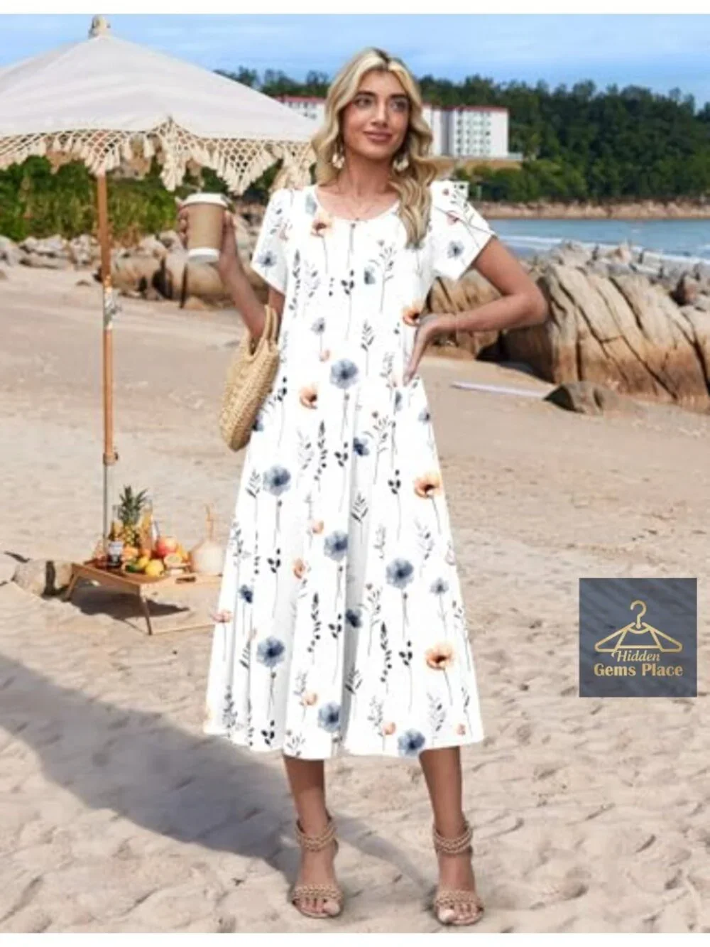 Women's Flowy Midi Sundress Pleated A-Line Casual Dresses with Pockets